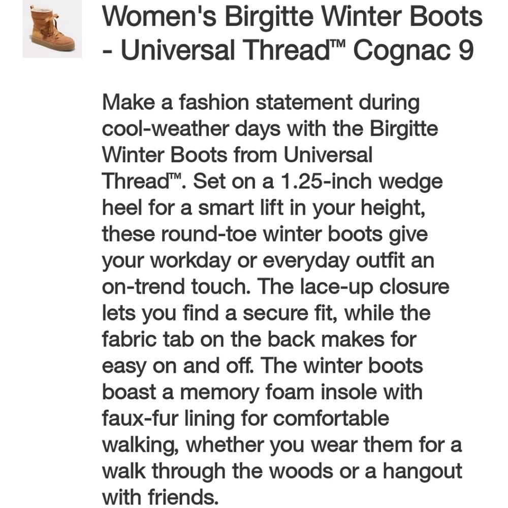 Universal Thread Woman's Brigitte Round Toe Lace-up Winter Boots ~ Cognac - Picture 5 of 16